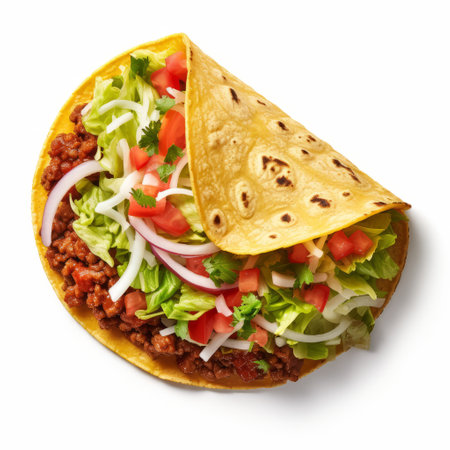 a taco stack, captured in stunning 8k resolution, showcases two mouthwatering tacos layered on top of each other. this national geographic-style photo features a clean white background, digitally enhanced for maximum visual impact. the softbox lighting highlights the smooth and curved lines of the tacos, creating a visually appealing tondo composition. ai generatedの素材