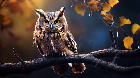an owl perched on a branch, captured in a stunning wallpaper. this high-definition image, with a resolution of 1920x1080, showcases the beauty of nature in the rain. the dark amber and light amber tones add a touch of warmth to the scene, while the realistic impressionism style brings the owl to life. with its naturalistic depiction of flora and fauna, this backlit photograph is aの素材