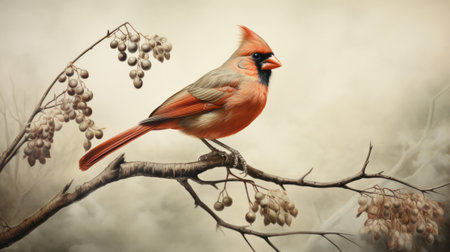 a cardinal, depicted in a realistic and hyper-detailed style, is seen perched on a branch amidst a backdrop of trees. this artwork showcases the artist's skill in cranberrycore, zbrush, and richly detailed genre paintings. the color palette consists of light orange and gray, enhancing the painted illustrations reminiscent of precisionist art. ai generatedの素材