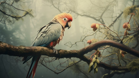 a colorful parrot perched on a palm tree branch in a dark forest, rendered in unreal engine with rococo pastel colors. the vibrant hues of light red and gray create a stunning contrast against the misty atmosphere. this breathtaking depiction of animals in a dutch golden age style is truly mesmerizing. ai generatedの素材