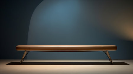 the melville bench from adamson furniture is captured in a photo with moody chiaroscuro lighting, showcasing its dark cyan and light bronze color scheme. the minimalist details of this bench are beautifully highlighted by the tamron sp 70-200mm f/2.8 di vc usd g2 lens. the photo, shot with fujifilm eterna 400t film, exudes a sense of digital minimalism with its light brown tones. ai generatedの素材