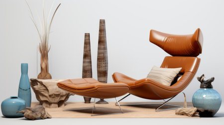 a hyper-detailed 3d model of a large chair in a room, showcasing a realistic rendering with nature-inspired forms. the chair features a mix of masculine and feminine elements, combining oriental minimalism with freeform minimalism. its light orange and brown color scheme, along with the leatherhide material, adds a touch of elegance to the overall design. ai generatedの素材