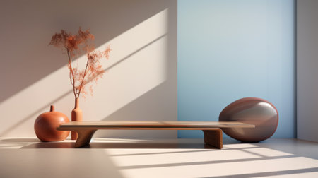 a 3d rendering of an empty room with a front porch showcases the house's design. the kitchen and dining room feature 2d and 3d interior design renderings, highlighting a wooden table and vases. the room's style draws inspiration from conceptual minimalist sculpture and japonism, with sky-blue and orange accents. the organic biomorphic forms and naturalistic shadows create an asymmetrical balance, reflecting nature-inspired elements. ai generatedの素材