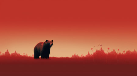 desktop wallpaper featuring a hyper-detailed, realistic silhouette of a large bear against a dark background. the traditional landscape style incorporates dark orange and crimson tones, creating a minimalist yet romantic atmosphere. the precisionist rendering adds depth and detail to the fictional landscape, making it a captivating addition to any desktop. ai generatedの素材