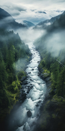 a river winds through a mountain valley, capturing the atmospheric woodland imagery of german romanticism. with an ominous vibe, this high-resolution photograph showcases swirling vortexes and photographically detailed portraitures. the scene is reminiscent of a magewave, immersing viewers in the enchanting beauty of nature. ai generatedの素材