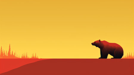 a bear stands atop an ocean ridge as the sun sets, creating a stunning minimalist cityscape. the red and amber hues add a desertpunk vibe to the scene. this panoramic scale photograph, with a resolution of 3840x2160, captures the beauty of the moment in a soviet-inspired style. perfect for minimalist backgrounds. ai generatedの素材