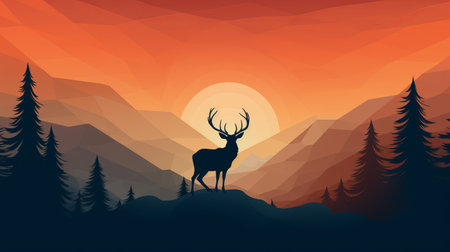 a deer stands gracefully in a summer landscape amidst the majestic mountains. the artwork, created by kerem beyit, features vibrant gradients of dark orange and dark navy, giving it a unique and captivating style. the flat perspective and high horizon lines add depth to the image, making it a truly mesmerizing piece of romantic illustration. this uhd image is a visual treat for nature loversの素材