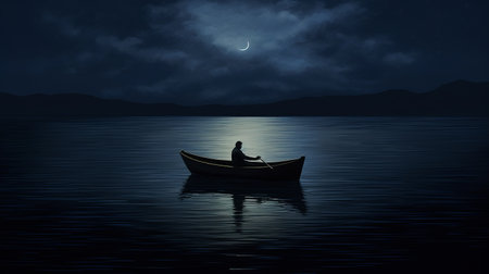 a person in a boat at night, captured in the style of realistic surrealism, showcases the beauty of romantic moonlit seascapes. the image combines elements of ogham scripts, adding an intriguing touch to the scene. with influences from realistic depictions of everyday life, simplistic vector art, and richly detailed genre paintings, this artwork offers a captivating portrayal of a person in a boat, filled withの素材