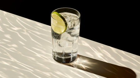 a lime sits in a glass, captured by alan kaiser's lens. this photo showcases intense lighting and shadow, with a silver and gray color palette. minimal retouching was done, allowing the natural beauty of the lime to shine. the image features a lens flare, adding a touch of intrigue. the glass is made of bentwood, giving it a unique and artistic touch. the overall styleの素材