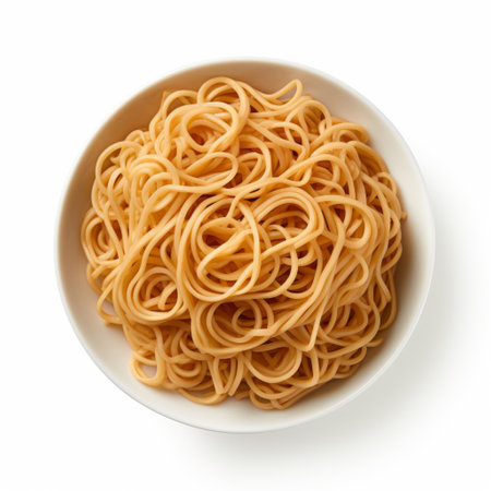 a bowl of spaghetti is captured in an aerial view on a white background, reminiscent of the kodak gold 200 style. the image showcases an expansive composition with a whistlerian touch. despite its low resolution, the photo still exudes a distinct 8k quality. this unique blend of elements creates a visually striking and intriguing yankeecore aesthetic. ai generatedの素材