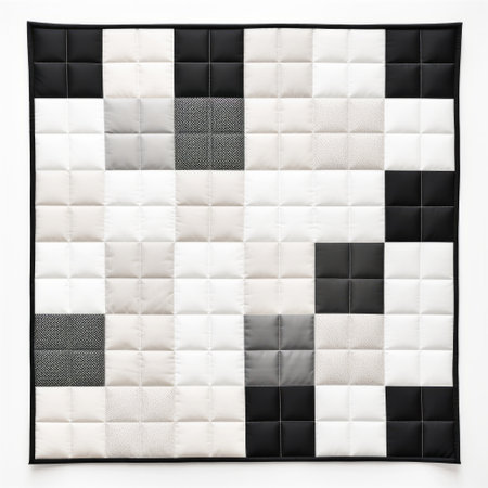 a modern quilting kaleidoscopic reversible black and white quilt, inspired by text and emoji installations, minimalistic canine sculptures, color field minimalism, and pixelation. this quilt is packed with hidden details, creating a realistic impression of isolated landscapes. ai generatedの素材