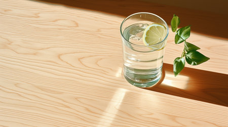 a glass filled with water and lemons sits on a table, casting naturalistic shadows. the photorealistic rendering captures the varying wood grains, while the light green and light gray colors add a touch of serenity. the 35mm lens captures the scene with bold lines and bright colors, reminiscent of japanese photography. ai generatedの素材