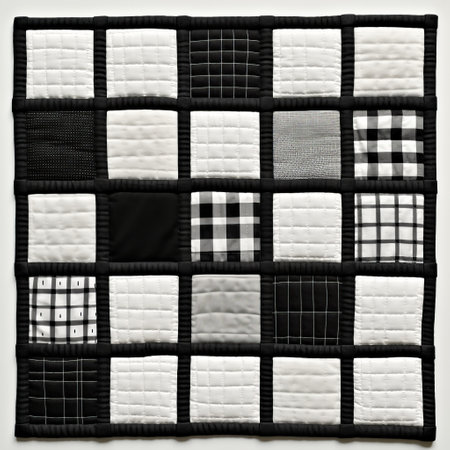 a patchwork hanging of black and white squares, inspired by the contemporary quilts of jonathan wolstenholme. this artwork features toy-like proportions and a grid-based, two-dimensional design. packed with hidden details, it captures the essence of suburban ennui. ai generatedの素材