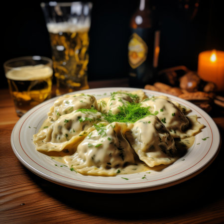 a plate of dumplings and a glass of beer are placed on a table. the photo showcases a dark beige and gray color scheme, reminiscent of the cryptopunk style. the image is captured using the provia technique, resulting in a multilayered composition. influences from artists like herb trimpe and hariton pushwagner can be seen, adding a unique touch to the soggy dumplings. ai generatedの素材