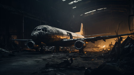 an old airliner, reimagined by industrial light and magic, sits in an airport with debris trailing behind. the y2k aesthetic of dark silver and amber colors adds to the industrial urban scene. this ultra-detailed 8k photo showcases the unexpected beauty of the aircraft amidst its surroundings. ai generatedの素材