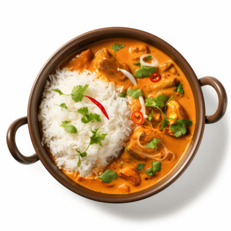 a bowl of curry and rice is beautifully presented on a white surface, captured from an aerial view perspective. the image showcases a painterly quality with meticulous detailing. the color palette consists of light red and white tones, creating an appetizing visual appeal. this photograph has a distinct goosepunk style and captures the full body of the dish. ai generatedの素材