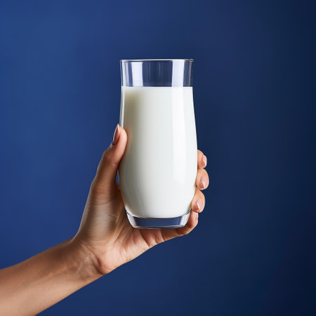 hand holding a glass of hot milk against a blue background. the light gray and navy color scheme adds a touch of understated sophistication to this paleocore-inspired image. with bold chromaticity and a simple composition, it exudes a yankeecore vibe. the curvilinear elements further enhance its visual appeal. ai generatedの素材