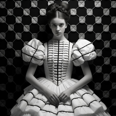 a lady stands gracefully in a white lace dress, embodying a futuristic victorian aesthetic. the image captures her amidst grid formations, showcasing a black and white realism with dynamic color contrasts. the dress, reminiscent of medieval-inspired fashion, is made of rubber, adding a unique touch. cinestill 50d film enhances the overall visual appeal. ai generatedの素材