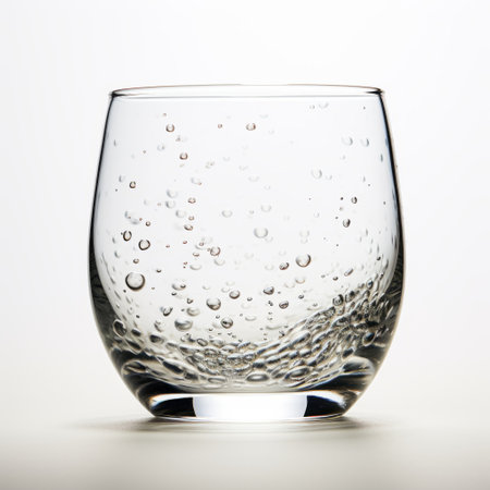 clear glass with bubbles, showcased on a white table at an expo. this sleek and stylized image, captured with a wollensak 127mm f47 ektar lens, features mottled textures and rounded shapes. the high-speed sync technique enhances the dotted details, creating a visually captivating composition reminiscent of shin hanga art. ai generatedの素材