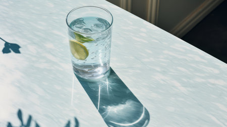 a tall glass of water with lime sits on a marble surface, beautifully capturing the juxtaposition of light and shadow. this photorealistic rendering, shot with fujifilm pro 400h, showcases a stunning combination of light azure and gray tones. the uhd image exudes a sense of elegance reminiscent of the american barbizon school. ai generatedの素材