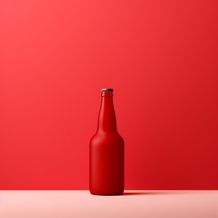red beer bottle mockup isolated on white background, featuring a realistic anamorphic art style. this minimalist tabletop photograph showcases the beauty of color field minimalism and abstract minimalism. with photobashing techniques, it creates a monochromatic artwork that will captivate any appreciator of minimalistic backgrounds. ai generatedの素材