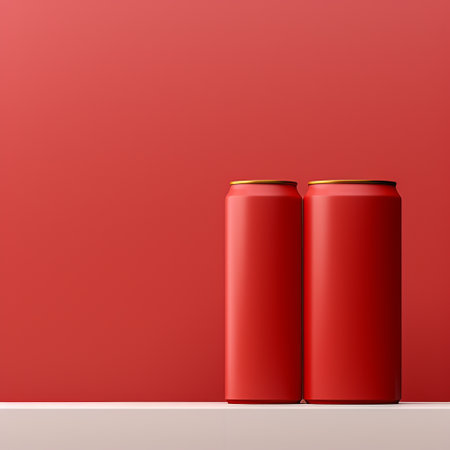 two red cans of beverage sit on a white surface, showcasing a minimalist color field style. the image, created using zbrush, incorporates social commentary. the warm color palette and minimalist stage designs create a visually striking composition. the flat perspective and focus stacking technique enhance the overall aesthetic appeal. ai generatedの素材