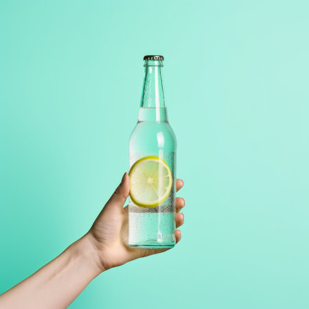 hand holding water bottle with slice, isolated on turquoise background. light yellow and light emerald style, minimal retouching. pop-culture-infused, bold color usage with light pink and green. understated sophistication, utilizing vibrant colors. ai generatedの素材