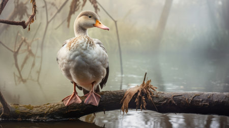 a white duck with a white belly gracefully takes flight in a serene and misty morning setting. this captivating photograph, reminiscent of matthias haker's style, showcases the beauty of romantic riverscapes. the duck's gray and bronze feathers blend seamlessly with the nature-inspired camouflage, creating a soft-edged and ethereal image. this stunning capture evokes the enchanting world of beatrix potter and could easily grace the pagesの素材