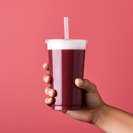 a male hand holds a pack of red juice, devoid of labels, with a straw, against a pink background. the photo features minimal retouching, showcasing a fusion of multicultural elements. shot with a large format lens, the image exudes a dark magenta and maroon color palette. the subject matter is inspired by new york city, with transparent layers adding depth to the composition. ai generatedの素材