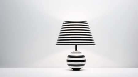 a black and white striped table lamp with a 3d view, showcasing a minimalistic modernism style. the lamp features lensbaby optics, high-key lighting, and vray tracing, creating a precise simplicity. the design incorporates elements of cloisonnism, with luminous spheres adding a touch of elegance. ai generatedの素材