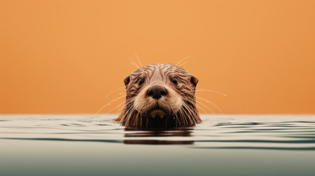 otters gracefully swim in the water against a vibrant orange background. this photo captures their beauty and elegance, reminiscent of epic portraiture. the minimalistic portraits showcase their natural charm, while the wimmelbilder style adds a touch of whimsy. with minimal retouching, the image highlights their authentic features. the strong facial expressions of the otters create an engaging and interactive experience for the viewer. ai generatedの素材