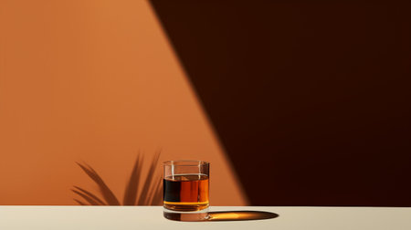 a glass of whiskey sits gracefully on a brown floor, accompanied by a nearby plant. this minimalist color field composition showcases a striking juxtaposition of light and shadow. the vibrant color gradients and minimalistic surrealism add depth to the image, with dark orange and light black tones creating a captivating contrast. the use of ray tracing enhances the vibrant and lively atmosphere of the scene.の素材