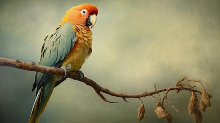 exotic macaw perched on a tree branch, captured in the style of flora borsi. the vibrant colors of light orange and bronze, along with hints of light aquamarine and light amber, create a stunning visual. this high-resolution image, shot on a dark background, showcases the intricate details of the macaw's feathers. the textured canvas adds depth and dimension to the overall composition. ai generatedの素材