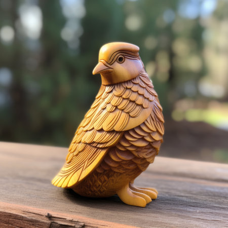 a 3d printed pigeon bird made by ansa 3d printing. this wood-like sculpture features a dark yellow and beige color palette, capturing the essence of native american, first nations, and alaska native art. with intricate details inspired by the art nouveau style and nature, this outdoor artwork showcases the rich craftsmanship of cfa voysey. photographed using a panasonic lumix s pro 50mm f1.4 lens. aiの素材