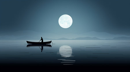a boat gracefully glides across a serene lake under the enchanting glow of a full moon. this captivating image captures the essence of quiet contemplation and tranquility. the silhouette of the boat against the dark gray and sky-blue hues creates a mesmerizing contrast. with its flowing brushwork and detailed character illustrations, this photo evokes the style of editorial illustrations, monochromatic minimalist portraits, and traditional oceanicの素材