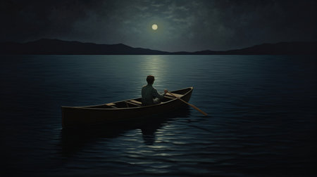 a person gracefully glides through the water in a canoe, surrounded by the enchanting ambiance of a romantic moonlit seascape. this illusory hyperrealism image captures the essence of expressionist imagery, reminiscent of the hudson river school. the pensive stillness of the scene evokes a whistlerian atmosphere, beautifully depicted in this captivating illustration. ai generatedの素材