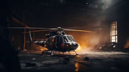 a black helicopter hovers above an abandoned industrial warehouse, captured in stunning 8k resolution. the light amber tones enhance the atmosphere, while explosive wildlife adds a touch of excitement. the soft and dreamy depictions create a luxurious feel, complementing the uniformly staged images. get ready for action-packed scenes that will leave you captivated. ai generatedの素材