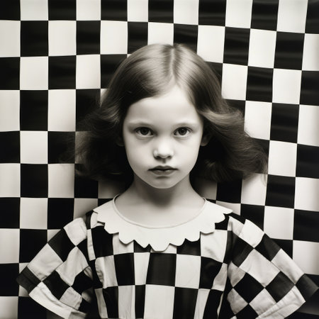 a kid stands behind checker boards in this surreal fashion photograph by nicola lilat on etsy. captured with a hasselblad h6d-400c, the image showcases asymmetrical patterns and porcelain elements. the kid's captivating gaze adds to the overall allure of the composition, while the mismatched patterns evoke an escher-inspired aesthetic. ai generatedの素材