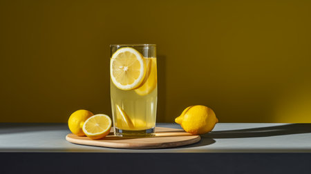 a lemon sits inside a cup while other lemons are arranged nearby. the photo showcases softbox lighting, a monochromatic palette, and a paleocore aesthetic. the composition exudes youthful energy with its poured and muted elements, creating a sleek and modern look. ai generatedの素材