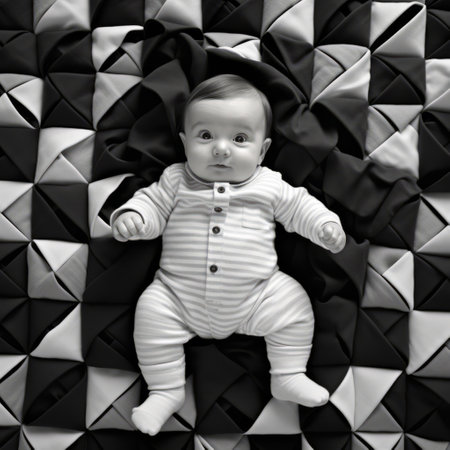 baby boy lying on a large pile of fabric, showcasing a monochromatic op art style with contrasting geometries. the matte photo captures elegant and emotive faces, creating a high-quality image. the full-body shot highlights the contemporary quilts surrounding the baby, adding depth and texture to the composition. ai generatedの素材