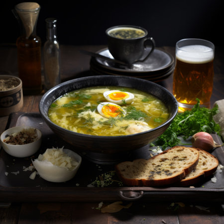 a bowl of chicken soup with eggs and spices, reminiscent of lively tavern scenes in the style of frostpunk. captured with a voigtlander bessa r2m, the photo showcases a vibrant mix of yellow and green hues. meticulously detailed, the image exudes subtle sophistication, highlighting the use of traditional techniques. ai generatedの素材