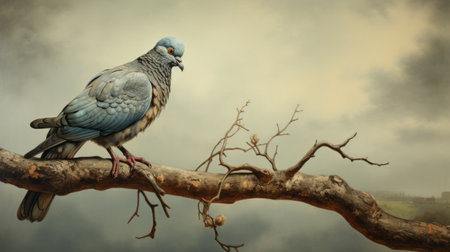 a painting of a pigeon by robert r. whitworth, showcasing a meticulous blend of watercolour, oil, pencil, charcoal, ink, and acrylic. the artwork is created in the style of canon ts-e 17mm f4l tilt-shift, featuring a dark sky-blue and light gray color palette. this uhd image is highly detailed, with a resolution of 3840x2160, capturing the essence of dutch realism. ai generatedの素材