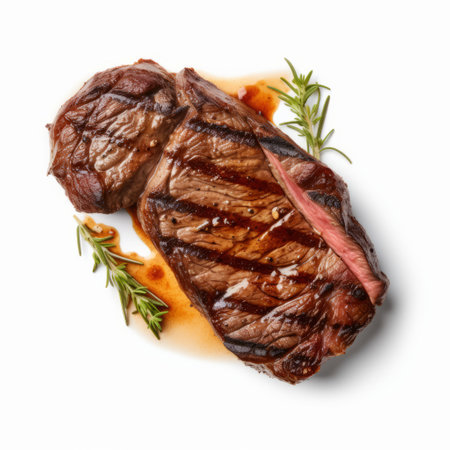 steak in sauce with rosemary sprig, captured in an aerial photography style, showcased against a clean white background. this visually striking image is available in large canvas sizes, featuring bold yet graceful composition. the contrasting tones of dark white and light amber create a captivating effect, while the exaggerated features and flickering light add an element of intrigue. ai generatedの素材