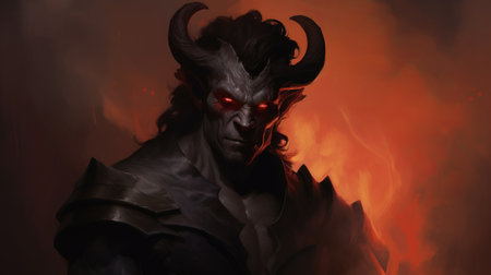 a deity with horns stands on fire in this stunning illustration. the dark gray and dark crimson color scheme adds a touch of mystery and intensity. the artwork, inspired by goblin academia, showcases a strong facial expression and bold shadows. with elements of ravencore, this captivating image is captured at iso 200. ai generatedの素材