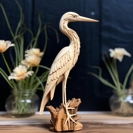 wood carving of a heron, showcasing intricate details of flora and fauna in a coastal scenery. the focus stacking technique captures both long and deep distances, while delicate shading adds depth to the dark yellow and light beige tones. shot with a canon af35m camera. ai generatedの素材