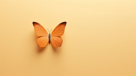 an orange butterfly rests gracefully on a smooth yellow background, showcasing the artistry of hard surface modeling. this minimalistic metal sculpture, with its photorealistic rendering, captures the essence of nature. the pastel color palette adds a touch of serenity to this eco-friendly craftsmanship, making it a captivating image on flickr. ai generatedの素材