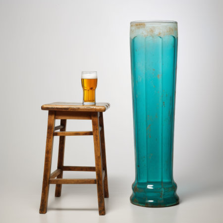 an old chair sits beside a tall vase adorned with a glass on top. the composition, reminiscent of the styles of artists such as ernest zacharevic and dan flavin, showcases a blend of dark cyan and aquamarine hues. the chair appears poured, restored, and repurposed, evoking the artistic influences of albert bierstadt. the overall image exudes a sense of creased beauty. ai generatedの素材
