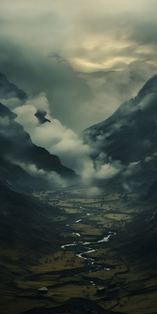 a mesmerizing landscape photograph captures the ethereal beauty of an icelandic river of clouds. the majestic mountains, adorned with dark green and dark gray hues, rise against the backdrop of a vibrant sunrise sky. this birds-eye-view perspective, reminiscent of medieval fantasy art, evokes a sense of mystery and enchantment. the image, in the style of dark fantasy creatures, is a stunning creation by jessica rossier,の素材