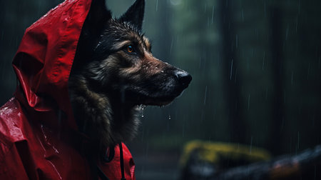 a dog wearing a vibrant red coat stands stoically in the pouring rain, reminiscent of epic fantasy scenes. the image captures the essence of wilderness and cinematic storytelling, with hyper-realistic portraiture. shot with a nikon af600, this concept art piece evokes a sense of intrigue and adventure. ai generatedの素材