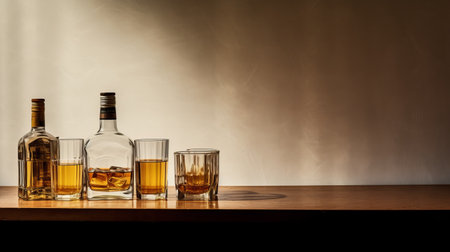 a wooden table adorned with three bottles and two iced glasses, showcasing a minimal retouching style. the composition exudes a sense of wealthy portraiture, with a color palette of dark beige and amber. the design is influenced by minimalistic japanese aesthetics, while the play of light and shadow adds depth. the image is texture-rich, reminiscent of the work of john walker. ai generatedの素材